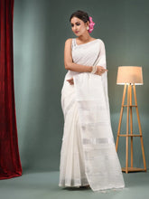 White Cotton Blend Handwoven Saree With Zari Border-MA50BCT40500137